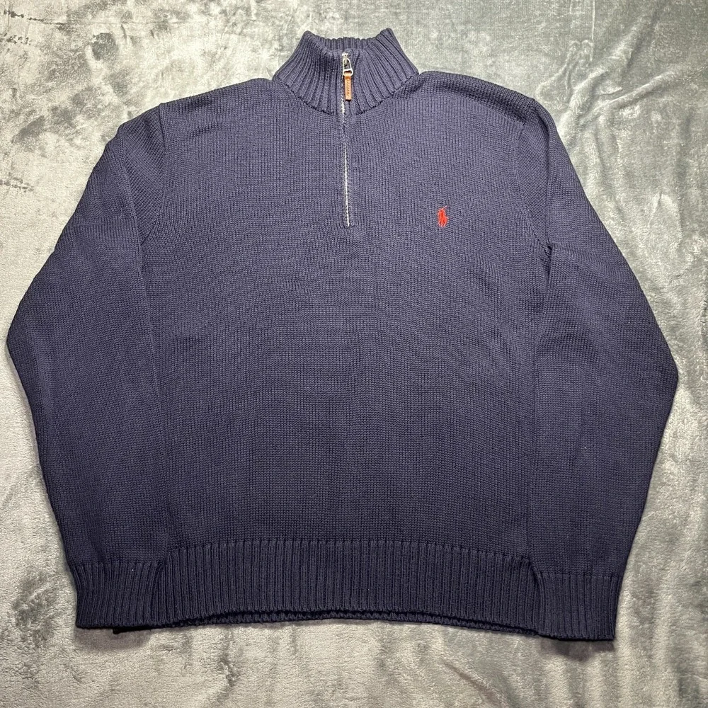 Vintage Polo Ralph Lauren 1/4 Zip Knit Sweater Men's XXL Navy 100% Pima Cotton
